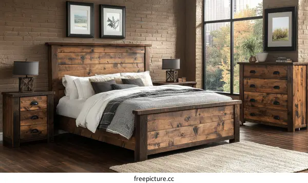 Rustic Wooden Bedroom Set with Large Bed and Chest