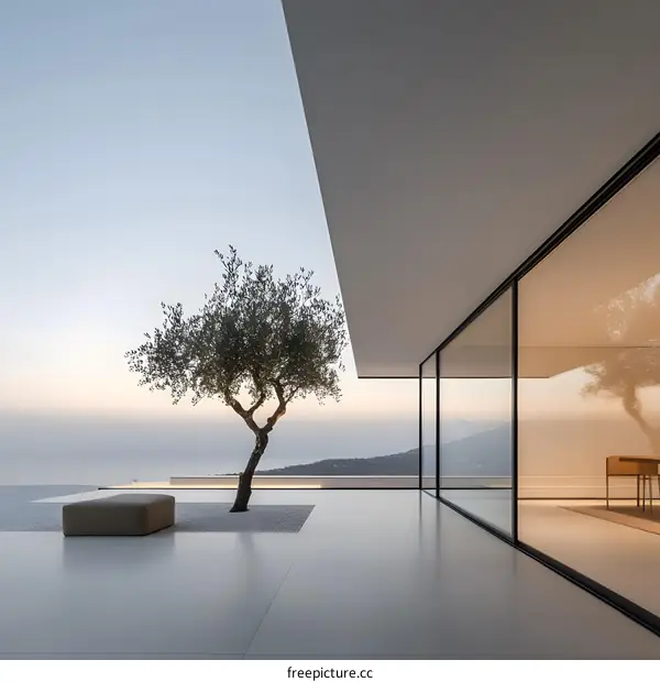 Modern Architecture Minimalist Design with Olive Tree and Ocean View