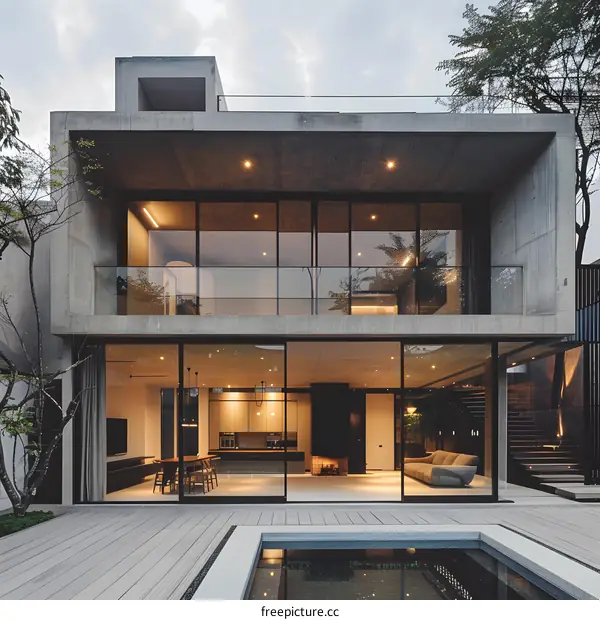 Modern Concrete House with Pool and Large Windows