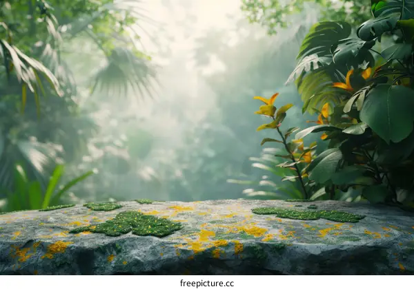 lush green jungle foliage backdrop with stone pedestal