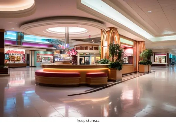 Deserted Shopping Mall Interior Displaying Modern Wooden Counter