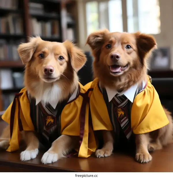Two dogs wearing graduation gowns