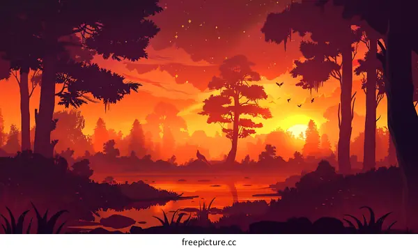 Silhouette Trees Sunset Landscape Illustration