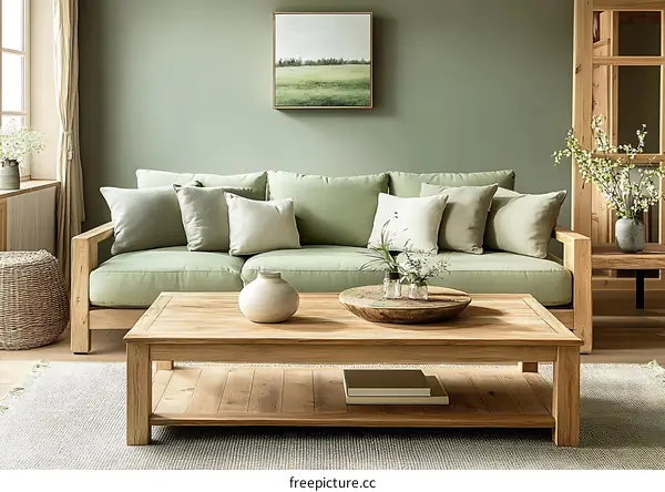 Modern Minimalist Living Room with Light Green Sofa and Wooden Coffee Table
