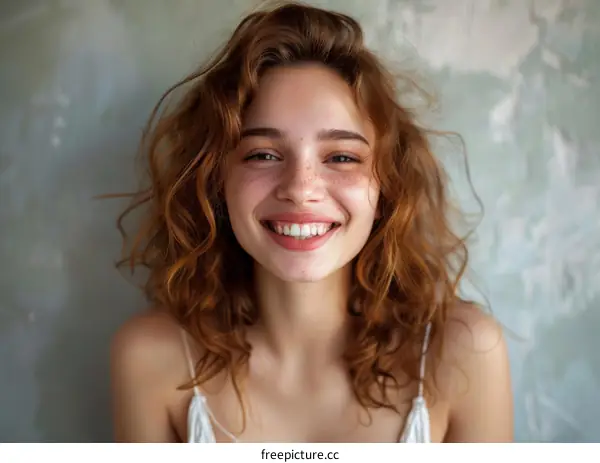 portrait of a young woman with freckles and red curly hair smiling