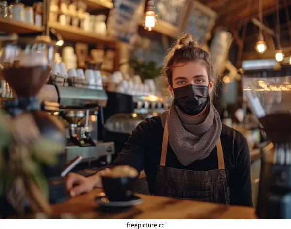 Barista wearing a mask while working at a cafe