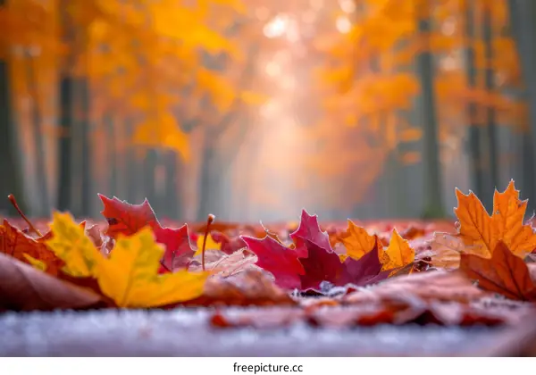 Close-up of fallen autumn leaves on the ground with a blurred background of trees