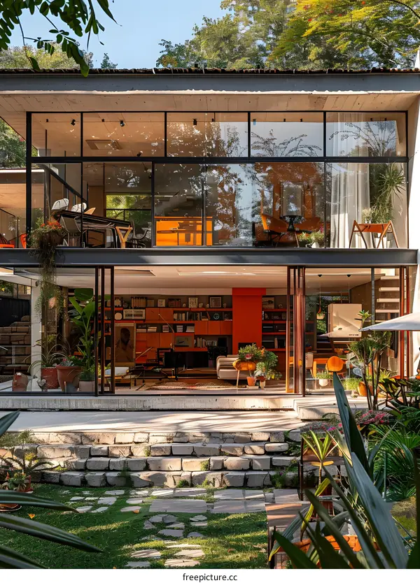 A stunning two-story house with a modern design and a beautiful garden