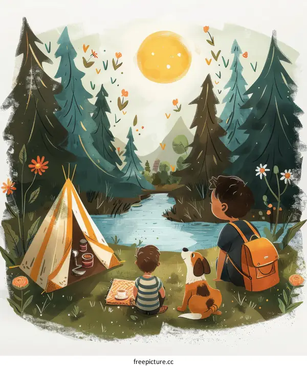 A boy and his dog are camping in the forest