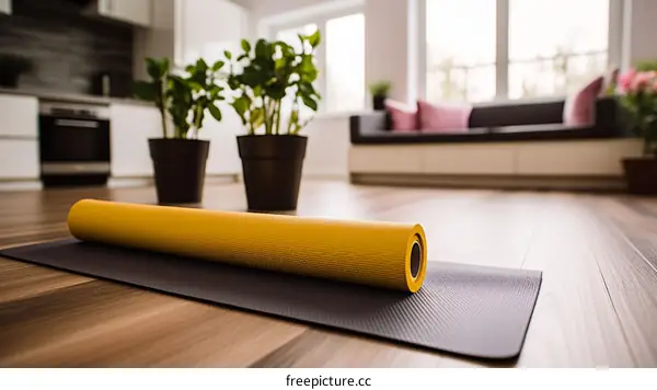 Rolled Up Yellow Yoga Mat on Wooden Floor in Living Room Interior
