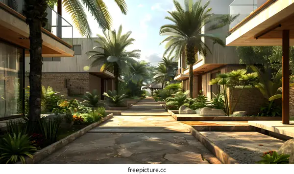 Courtyard of a tropical hotel with palm trees and stone path