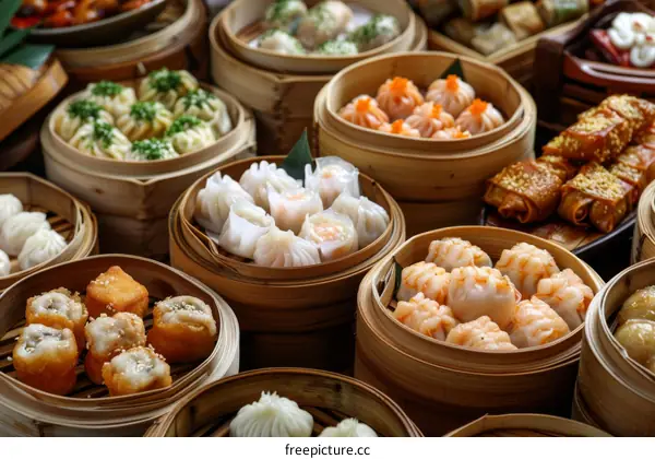 An assortment of dim sum dishes in bamboo steamers
