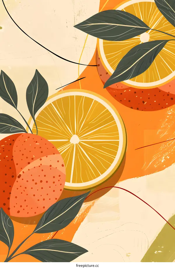 Orange Fruit Slices Illustration with Green Leaves