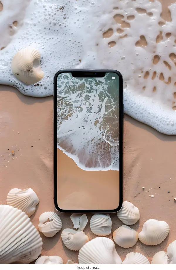 Seashell and Smartphone on Beach Sand