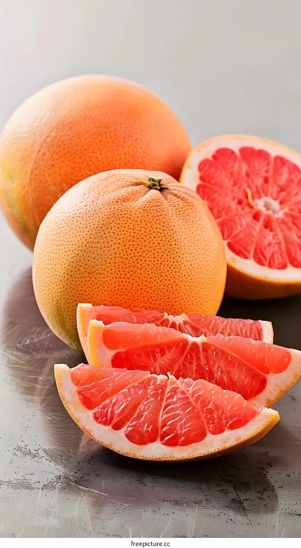 Fresh Ripe Grapefruit Slices On A Gray Background
