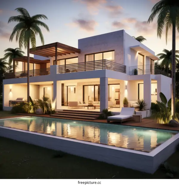 Modern luxury villa with pool and palm trees