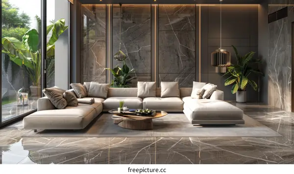 Luxurious and Spacious Marble-Walled Modern Living Room