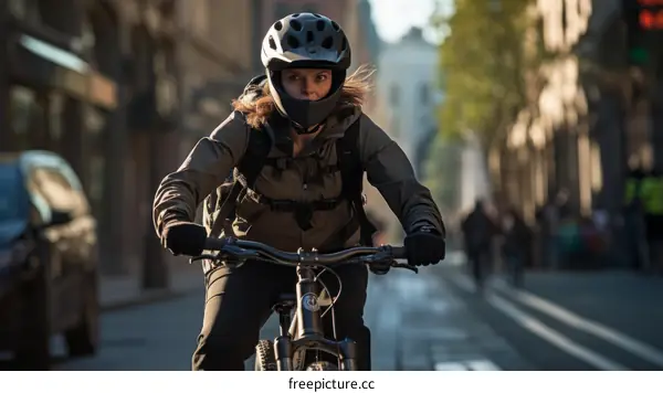 A young woman riding a bicycle through a city street