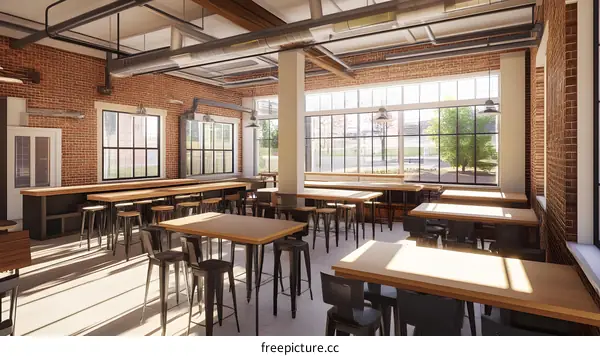 Industrial Style Restaurant Interior Design with Brick Walls and Large Windows
