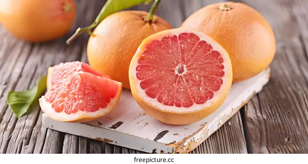 Fresh Pink Grapefruit on Rustic Wood Cutting Board
