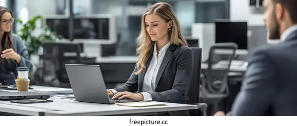 Businesswoman Working on Laptop in Modern Office