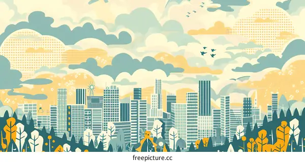 Modern City Skyline with Abstract Clouds