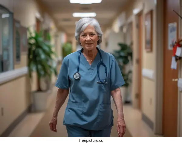 A smiling elderly female nurse walks down a hospital hallway
