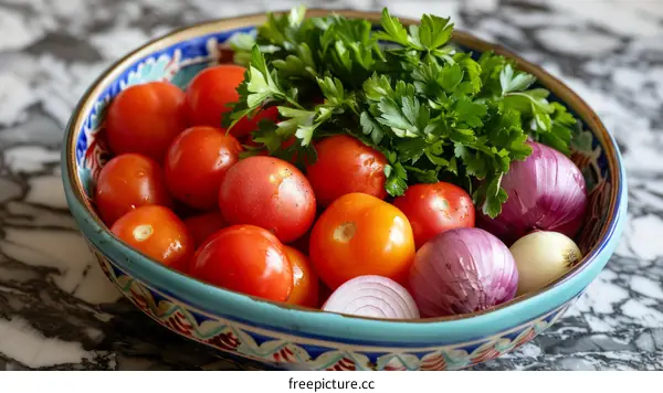 A bowl of tomatoes, parsley and onions