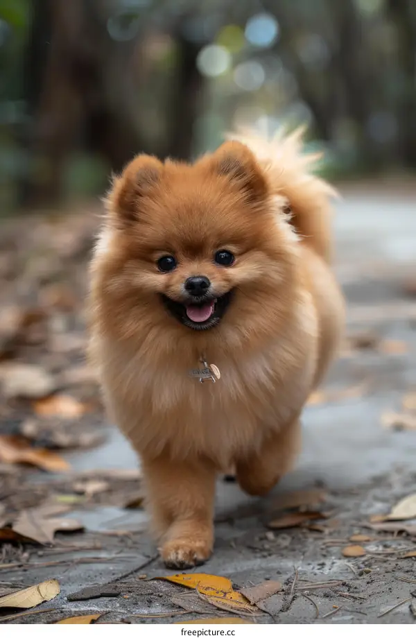 A fluffy brown Pomeranian dog walking in the woods