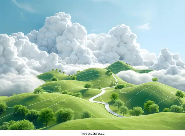 Green hills and blue sky with white clouds