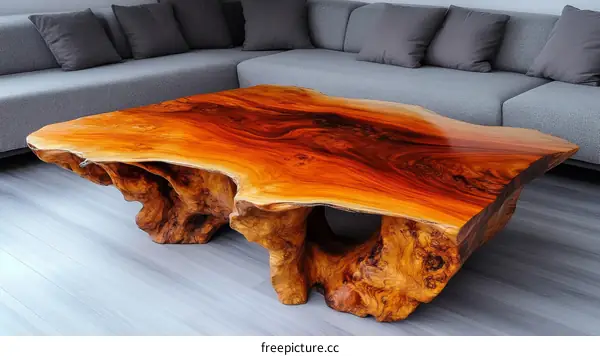 Unique Raw Wood Coffee Table in a Modern Living Room
