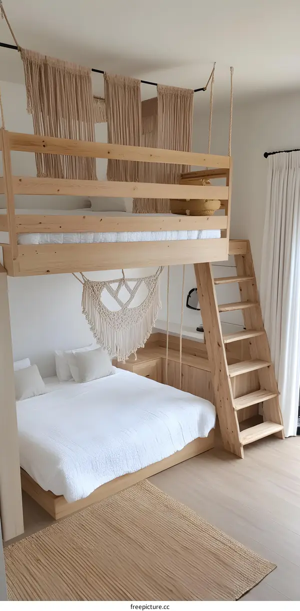Modern Bedroom Interior Design with Wooden Bunk Bed and Macrame Wall Decor