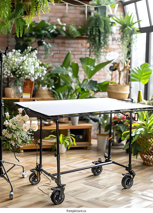 White Photography Table With Black Legs and Wheels