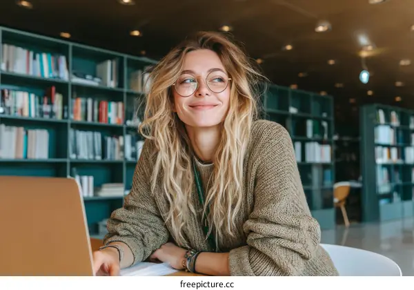 Woman working in a modern library