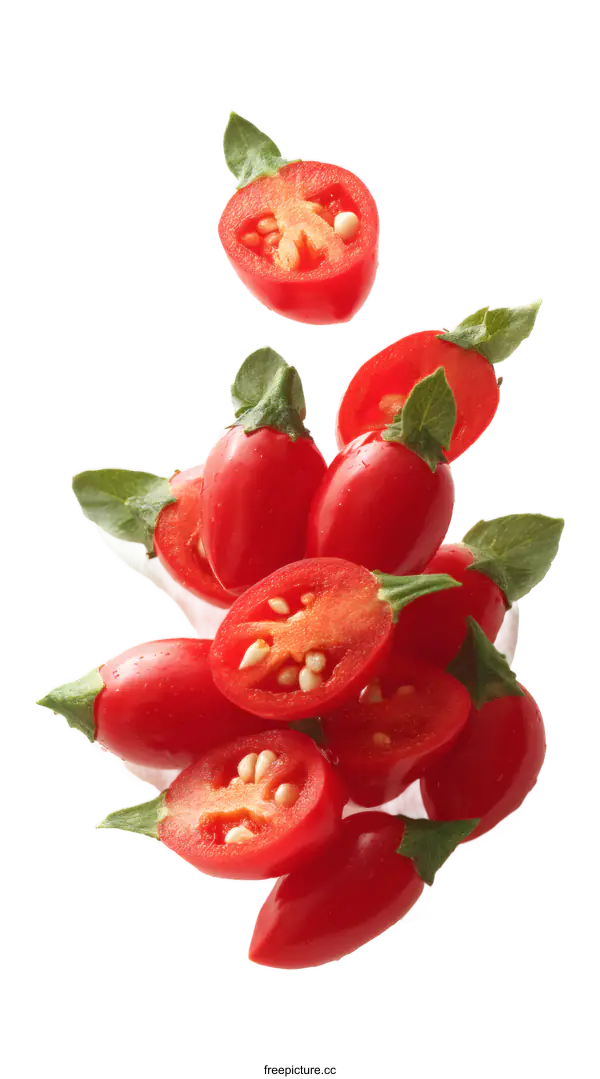 [Transparent Background PNG]Freshly Sliced Tiny Tomatoes with Green Leaves