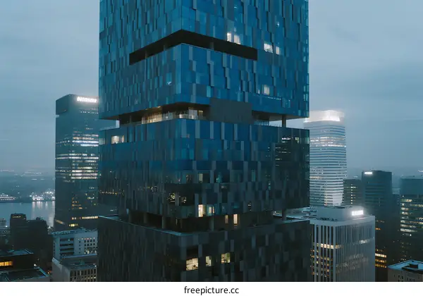Modern Glass Skyscraper in Urban Cityscape at Dusk