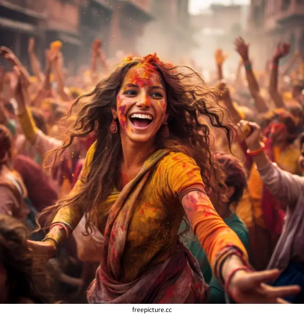 Indian woman celebrating the Hindu holiday Holi with colorful powder