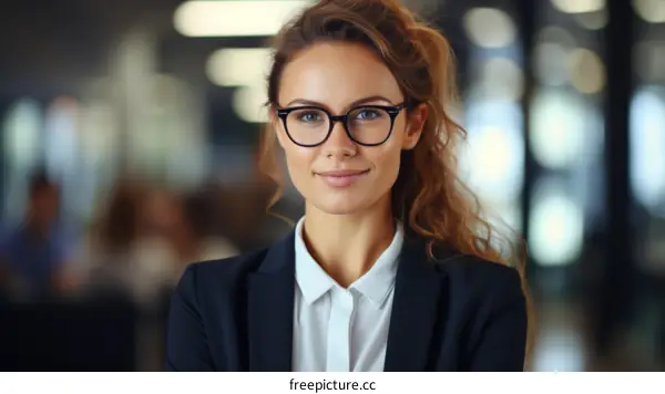 Headshot of a young businesswoman smiling wearing glasses and a suit