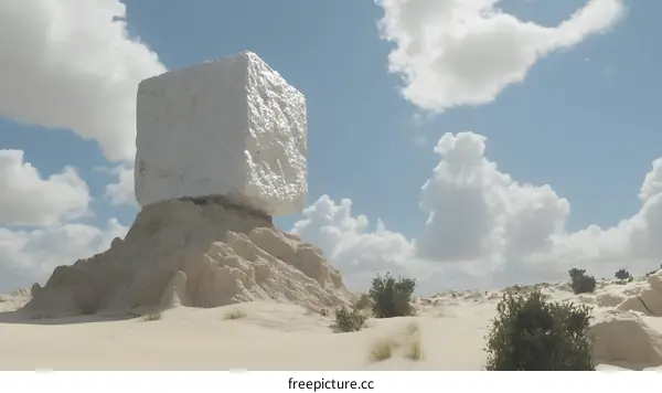 Silver Cube Monument in Desert Landscape
