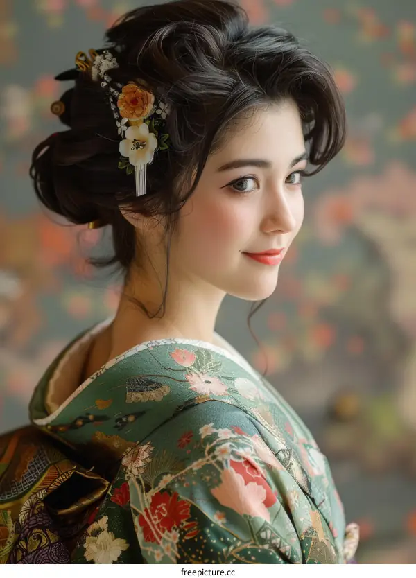 A Portrait of a Japanese Woman in a Traditional Kimono