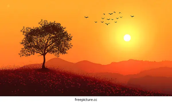 Silhouettes of a Tree and Birds Flying Against a Sunset Background
