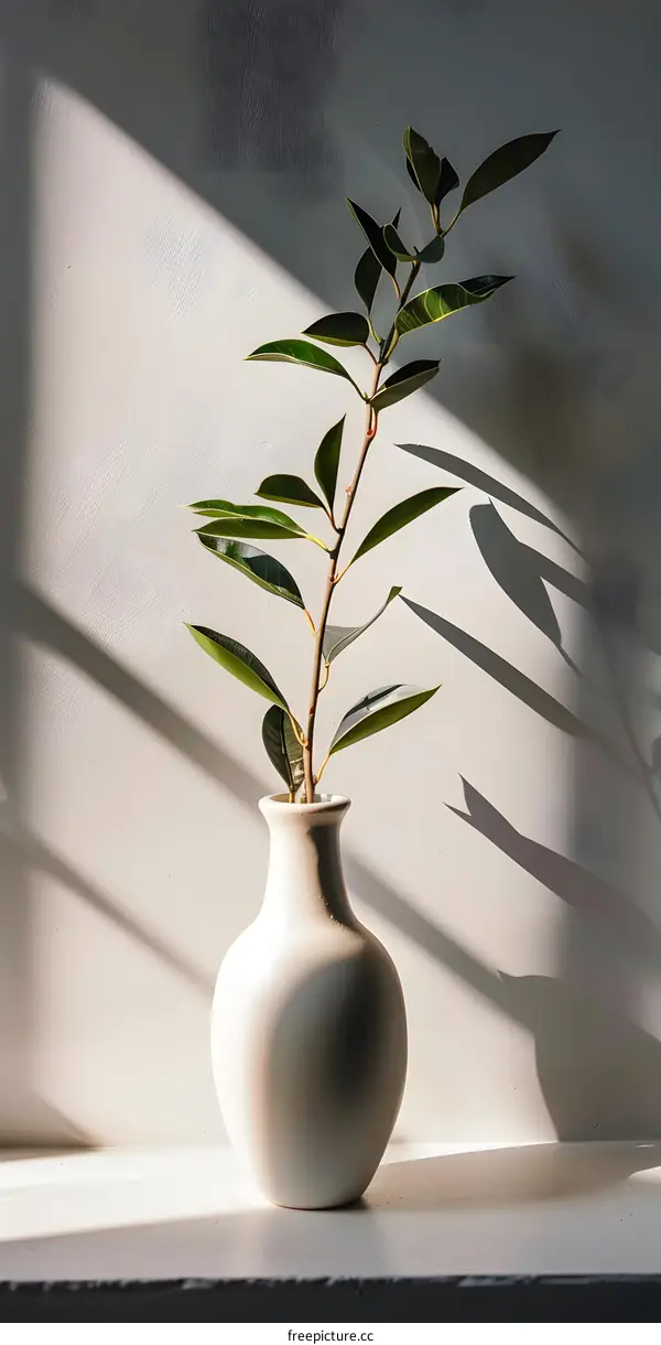 Simple White Vase with Green Plant and Sunlight