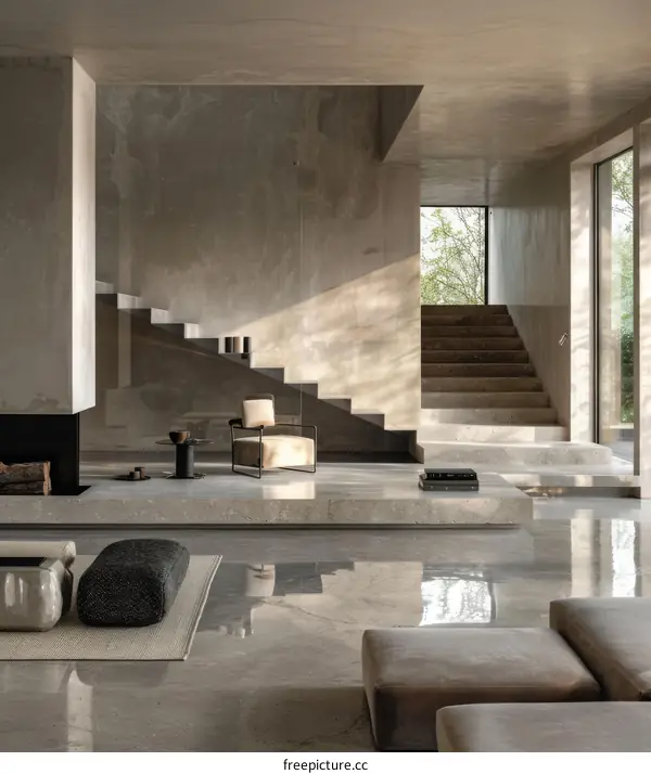 Modern Minimalist Living Room with Stairs and Fireplace