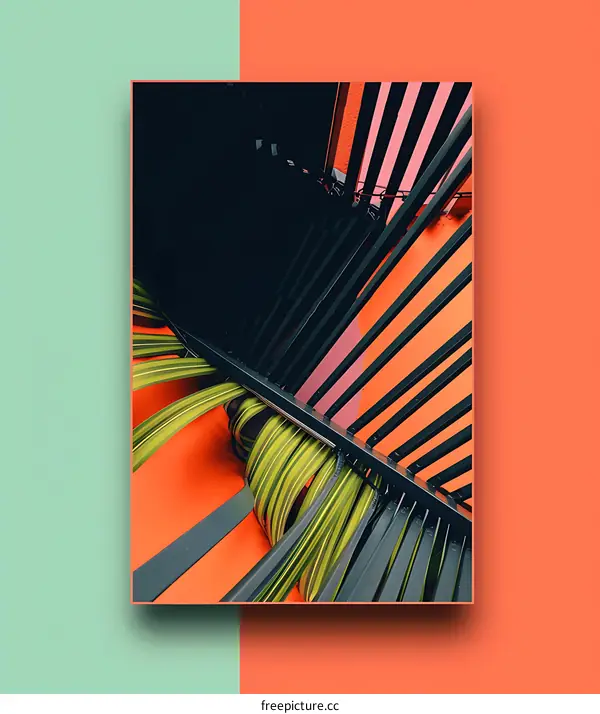 Abstract Art with Green Plant and Orange and Black Background