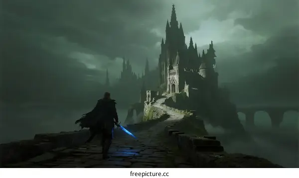 Mysterious Gothic Castle with Dark Figure Holding Blue Light