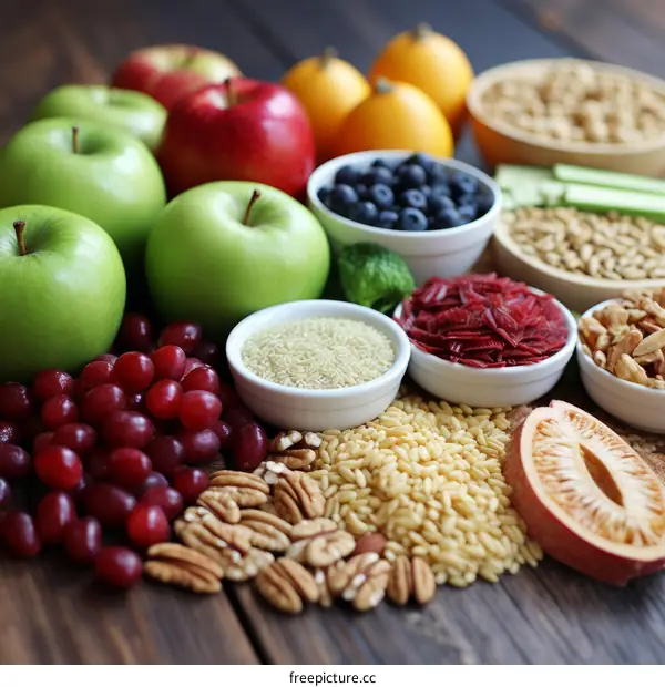 A variety of healthy food including fruits, vegetables, grains, and nuts