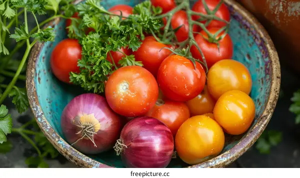 Fresh Organic Vegetables Bowl with Tomatoes, Shallots, and Parsley
