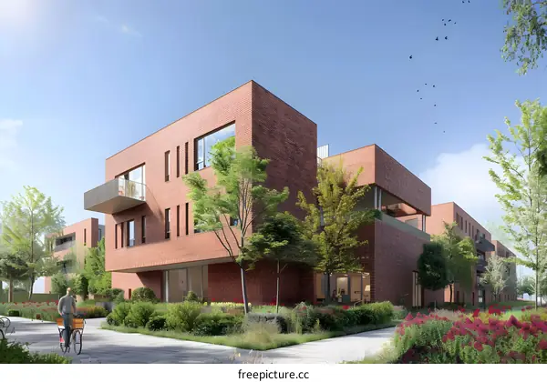 Modern Brick Apartment Building with Lush Landscaping
