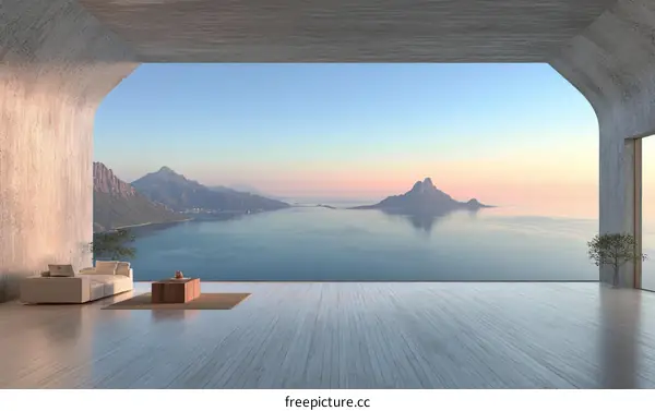 Modern Minimalist Interior with Panoramic Ocean View