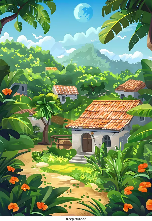Tropical Island Village Illustration